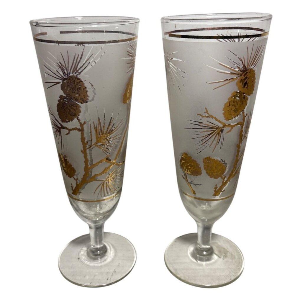 Libby Pilsner Glasses Gold Pinecones On Frosted Back Ground 2 Vintage